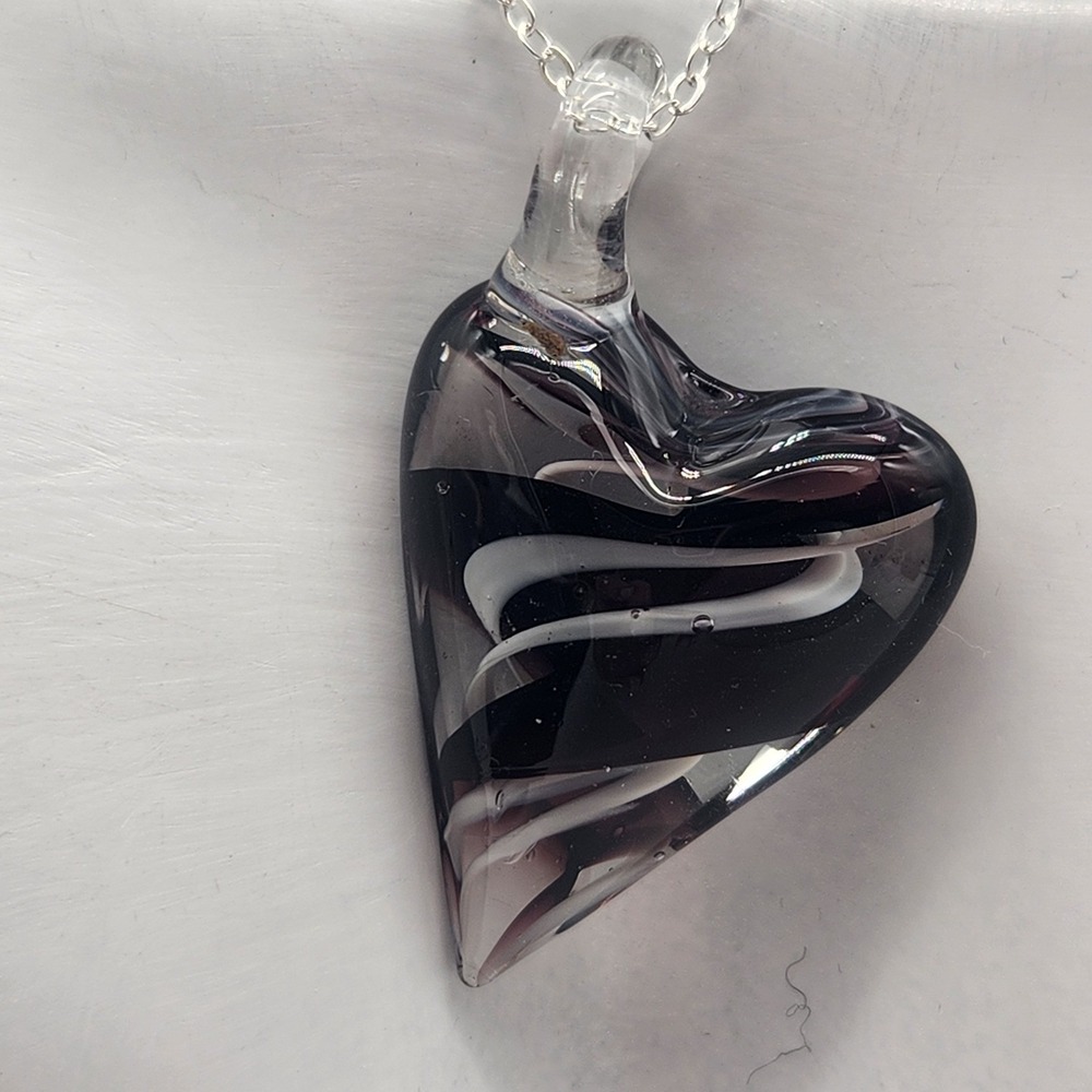 NWOT Black Swirl Glass Heart Pendant 30" 925 Sterling‎ Silver Chain Lobster Claw